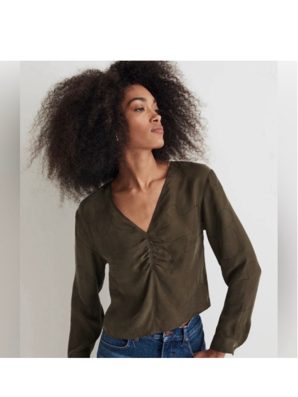 Women's Madewell Romantic Olive Green V-Neck Ruched V Neck Blouse Size 4